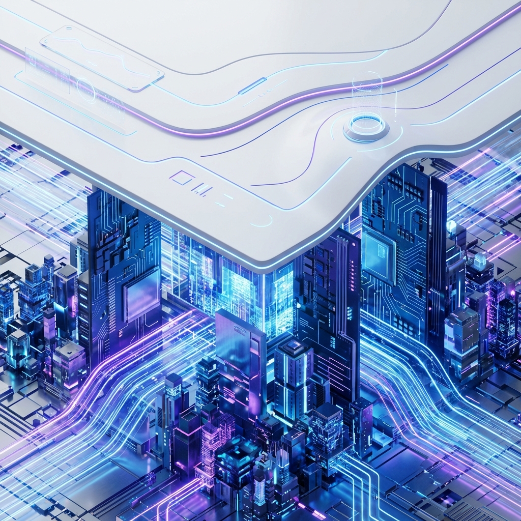 Eine futuristische Stadt aus Code und Neonlicht unter einer scheinbar ruhigen weißen Oberfläche